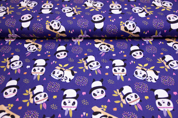 Stoffpaket Jersey + Bündchen mit Pandas, blau, beere